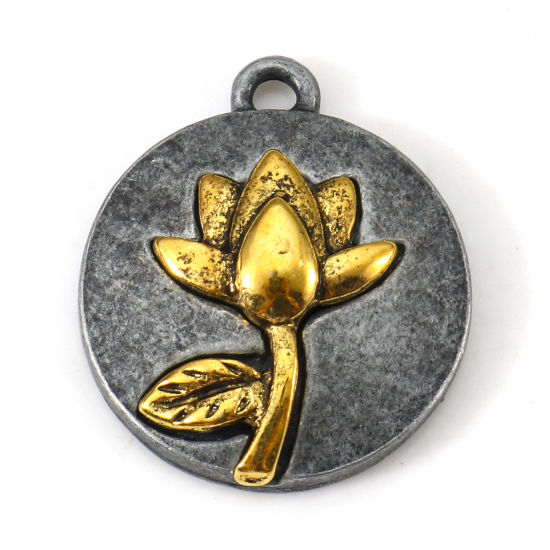 Imagen de Zamak Julio Flor del Mes de Nacimiento Colgantes Charms Antiguo-estaño Oro antiguo Dos Colores Ronda Flor de Lirio de Agua 20mm x 17.5mm, 10 Unidades