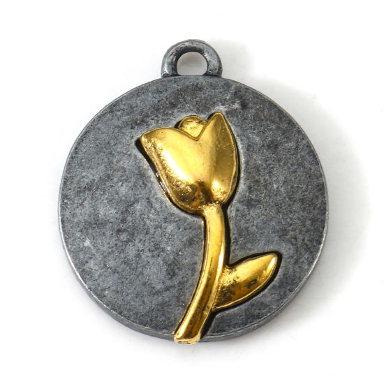 Imagen de Zamak Agosto Flor del Mes de Nacimiento Colgantes Charms Antiguo-estaño Oro antiguo Dos Colores Ronda Amapola 20mm x 17.5mm, 10 Unidades