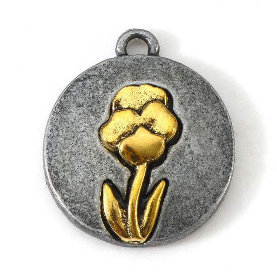 Imagen de Zamak Febrero Flor del Mes de Nacimiento Colgantes Charms Antiguo-estaño Oro antiguo Dos Colores Ronda Violeta 20mm x 17.5mm, 10 Unidades