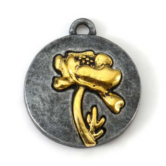 Imagen de Zamak Octubre Flor del Mes de Nacimiento Colgantes Charms Antiguo-estaño Oro antiguo Dos Colores Ronda Flor Cosmos 20mm x 17.5mm, 10 Unidades