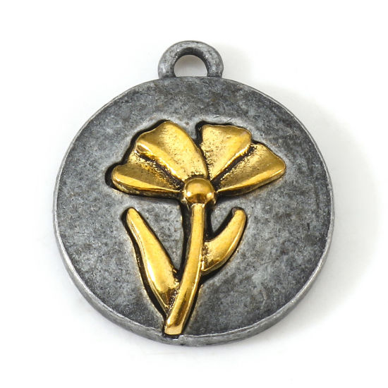 Imagen de Zamak Enero Flor del Mes de Nacimiento Colgantes Charms Antiguo-estaño Oro antiguo Dos Colores Ronda Clavel 20mm x 17.5mm, 10 Unidades
