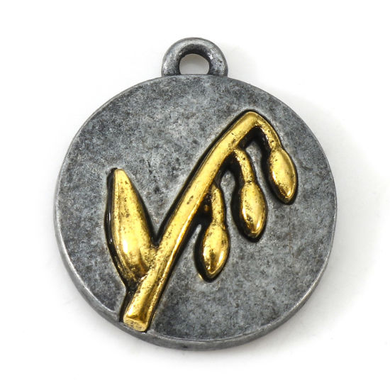 Imagen de Zamak Puede Flor del Mes de Nacimiento Colgantes Charms Antiguo-estaño Oro antiguo Dos Colores Ronda Lirio de los Valles 20mm x 17.5mm, 10 Unidades