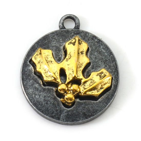 Imagen de Zamak Diciembre Flor del Mes de Nacimiento Colgantes Charms Antiguo-estaño Oro antiguo Dos Colores Ronda Navidad Hoja Acebo 20mm x 17.5mm, 10 Unidades