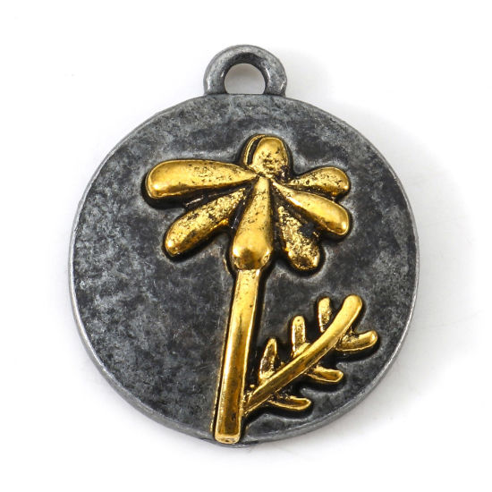 Imagen de Zamak Abril Flor del Mes de Nacimiento Colgantes Charms Antiguo-estaño Oro antiguo Dos Colores Ronda Flor de la margarita 20mm x 17.5mm, 10 Unidades