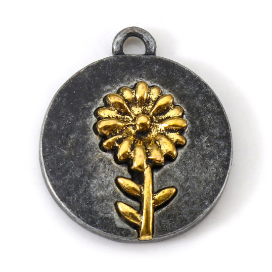 Imagen de Zamak Noviembre Flor del Mes de Nacimiento Colgantes Charms Antiguo-estaño Oro antiguo Dos Colores Ronda Crisantemo 20mm x 17.5mm, 10 Unidades