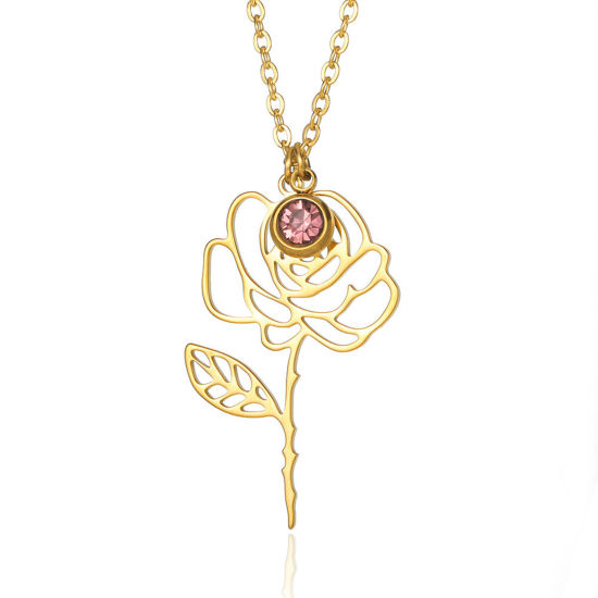 Image de Colliers Chaîne Maille Jaseron en 304 Acier Inoxydable Fleur de Mois de Naissance Couleur Or 18K juin Creux 38cm Long, 1 Pièce