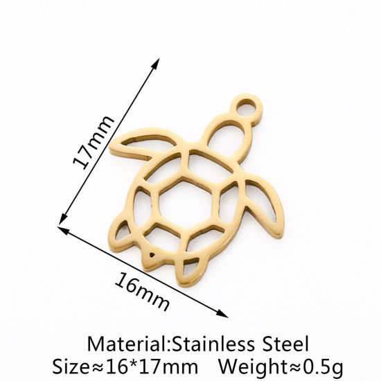 Picture of Eco-friendly 304 Stainless Steel Ocean Jewelry Charms 18K Gold Plated Sea Turtle Animal Hollow 17mm x 16mm, 3 PCs