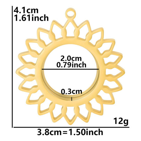 Immagine di 1 Pz Placcatura Sottovuoto PVD Ecologica 304 Acciaio Inossidabile & Vetro Flottante Locket Medaglione Ciondoli Pendenti Oro Placcato Girasole Possibile Aprire 41mm x 38mm
