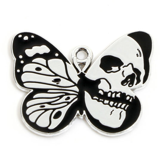 Immagine di Lega di Zinco Halloween Charms Tono Argento Nero Farfalla Cranio Smalto 28mm x 23mm, 10 Pz