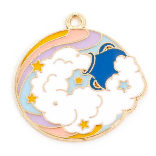 Bild von Zinklegierung Charms Vergoldet Bunt Rund Blumen Emaille 28mm x 27mm, 10 Stück