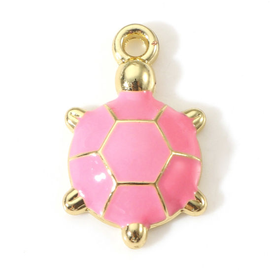 Picture of Zinc Based Alloy Ocean Jewelry Charms Gold Plated Pink Tortoise Animal Enamel 19mm x 12mm, 5 PCs