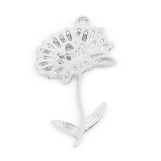 Imagen de Hierro Noviembre Flor del Mes de Nacimiento Colgantes Charms Tono de Plata Crisantemo Hueco 21mm x 11mm, 20 Unidades