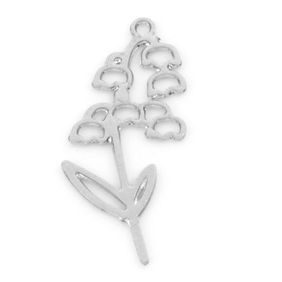Picture of Iron Based Alloy May Birth Month Flower Charms Silver Tone Lily Of The Valley Flower Hollow 22mm x 10mm, 20 PCs
