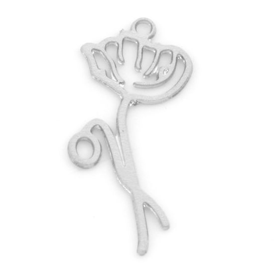 Picture of Iron Based Alloy August Birth Month Flower Charms Silver Tone Poppy Flower Hollow 21mm x 9mm, 20 PCs