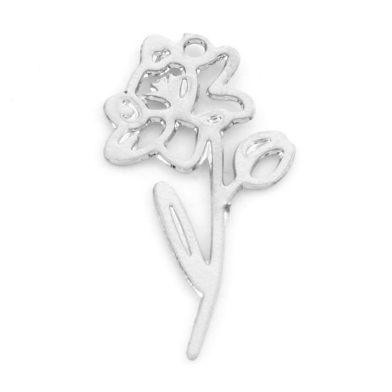 Picture of Iron Based Alloy December Birth Month Flower Charms Silver Tone Narcissus Flower Hollow 21mm x 10.5mm, 20 PCs