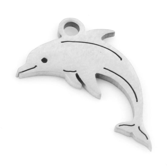 Bild von 201 Edelstahl Ozean Schmuck Charms Delfine Silberfarbe Hohl 16mm x 11mm, 3 Stück