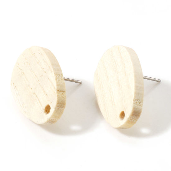 Picture of Fraxinus Wood Geometry Series Ear Post Stud Earrings Findings Oval Creamy-White With Loop 20.5mm x 14mm, Post/ Wire Size: (21 gauge), 10 PCs