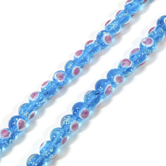 Image de Perles pour DIY Fabrication de Bijoux en Verre au Chalumeau La Saint Valentin Rond Bleu Cœur 12mm Dia, Trou: 1.2mm, 5 Pcs