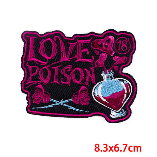 Picture of Polyester Iron On Patches Appliques (With Glue Back) DIY Sewing Craft Clothing Decoration Fuchsia Skeleton Skull Heart Embroidered 8.3cm x 6.7cm, 2 PCs