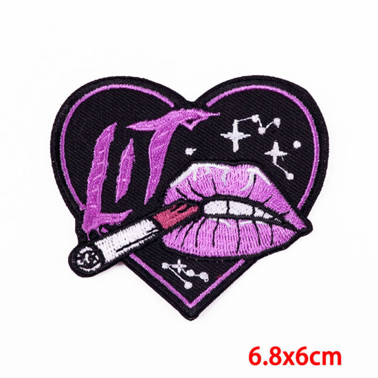 Picture of Polyester Iron On Patches Appliques (With Glue Back) DIY Sewing Craft Clothing Decoration Black Skeleton Skull Heart Embroidered 6.8cm x 6cm, 2 PCs