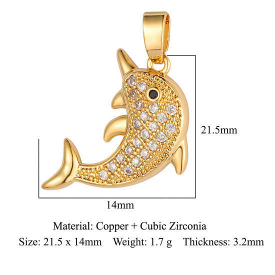 Image de Breloques Bijoux d'Océan en Laiton Dauphin Plaqué Or 18K à Strass Transparent 21mm x 14mm, 1 Pièce