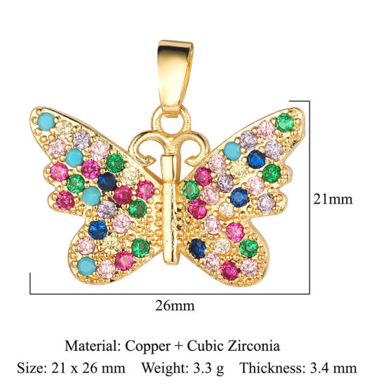 Image de Breloques Insecte en Laiton Papillon Plaqué Or 18K à Strass Coloré 26mm x 21mm, 1 Pièce