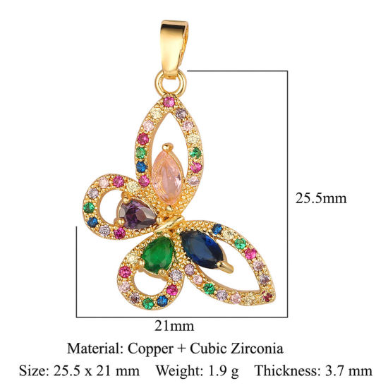 Image de Breloques Insecte en Laiton Papillon Plaqué Or 18K à Strass Coloré 25mm x 21mm, 1 Pièce