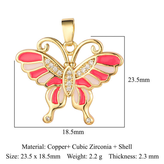 Image de Breloques Insecte en Laiton Papillon Plaqué Or 18K Rouge Émail à Strass Transparent 23mm x 18mm, 1 Pièce