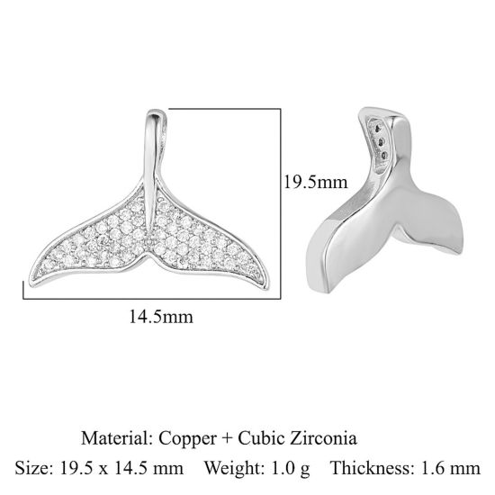 Image de Breloques Bijoux d'Océan en Laiton Queue de Poisson Plaqué Platine Véritable à Strass Transparent 19mm x 14mm, 1 Pièce