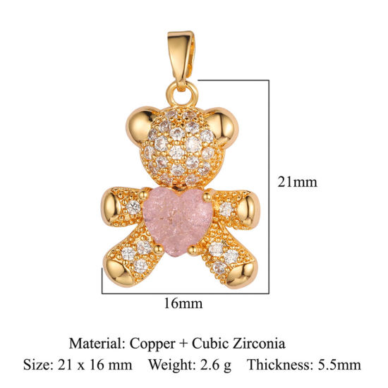 Image de Breloques Mignon en Laiton Ours Plaqué Or 18K à Zircone Cubique Rose 21mm x 16mm, 1 Pièce