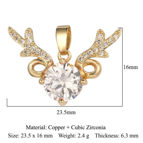 Image de Breloques Mignon en Laiton Cerf Plaqué Or 18K à Zircone Cubique Clair 23mm x 16mm, 1 Pièce