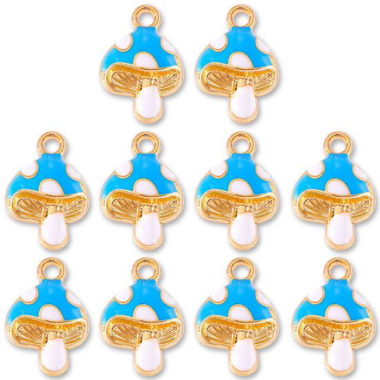 Bild von Zinklegierung Charms Vergoldet Blau Pilz Emaille 16mm x 11mm, 10 Stück