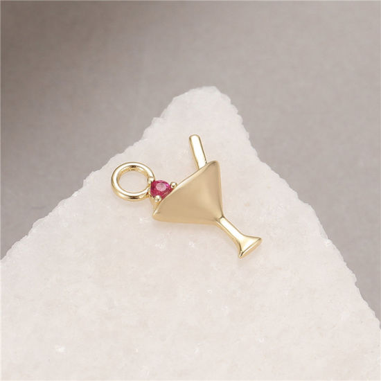 Picture of Brass Charms Gold Plated Beverages Fuchsia Cubic Zirconia 14mm x 8.5mm, 2 PCs                                                                                                                                                                                 