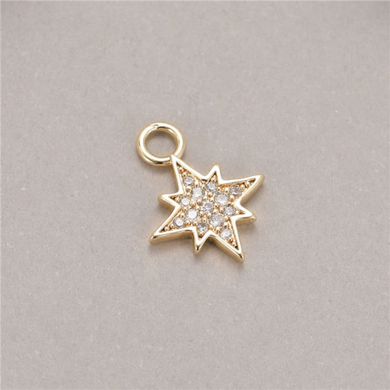 Picture of Brass Galaxy Charms Gold Plated Star Micro Pave Clear Cubic Zirconia 13.5mm x 10.5mm, 2 PCs