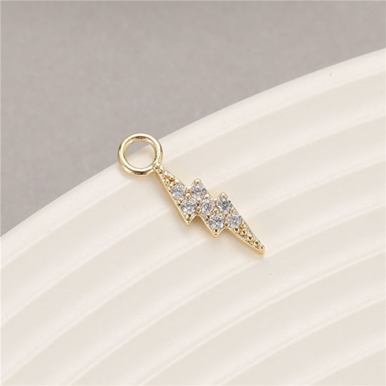 Picture of Brass Weather Collection Charms Gold Plated Lightning Micro Pave Clear Cubic Zirconia 14.5mm x 4mm, 2 PCs                                                                                                                                                     