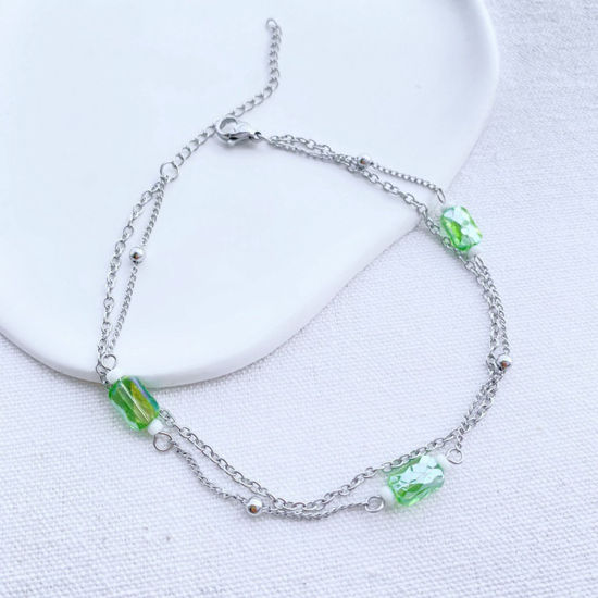 Picture of 304 Stainless Steel Double Layer Curb Link Chain Anklet Silver Tone Light Green Imitation Crystal 22cm(8 5/8") long, 1 Piece
