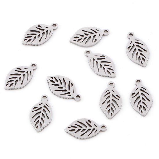 Image de Breloques en 201 Acier Inoxydable Collection Végétale Argent Mat Feuilles Creux 14mm x 7.5mm , 10 Pcs