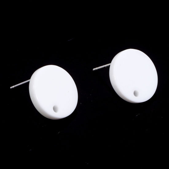 Picture of Acrylic Ear Post Stud Earrings Findings Round White With Loop 14mm Dia., Post/ Wire Size: (21 gauge), 10 PCs