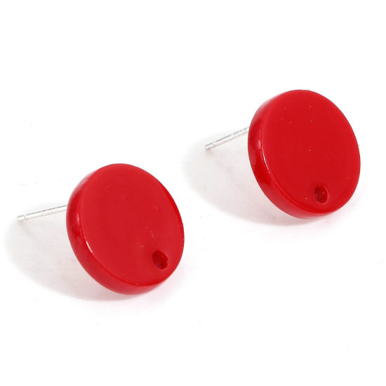 Picture of Acrylic Ear Post Stud Earrings Findings Round Red With Loop 14mm Dia., Post/ Wire Size: (21 gauge), 10 PCs