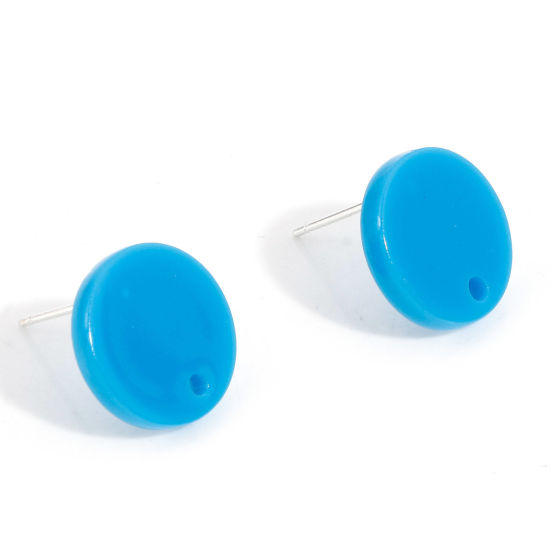 Picture of Acrylic Ear Post Stud Earrings Findings Round Blue With Loop 14mm Dia., Post/ Wire Size: (21 gauge), 10 PCs