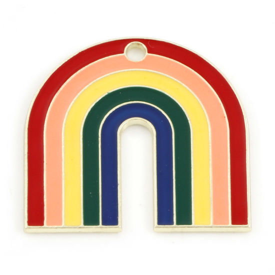 Bild von Zinklegierung Charms Hellgold Bunt Regenbogen Emaille 27mm x 26mm, 5 Stück