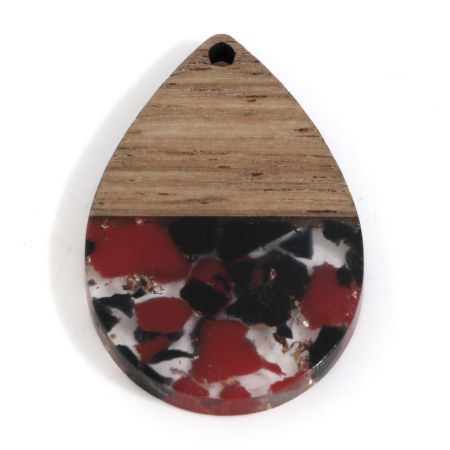 Image de Pendentifs Résine à Effet de Bois Naturel Rouge Goutte d'Eau à Strass Feuille d'etain 3.6cm x 2.4cm, 2 Pcs