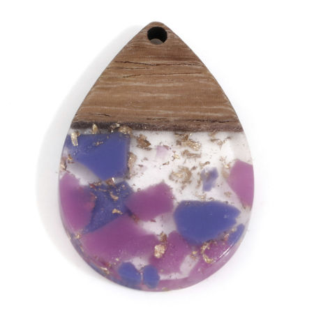 Image de Pendentifs Résine à Effet de Bois Naturel Violet Goutte d'Eau à Strass Feuille d'etain 3.6cm x 2.4cm, 2 Pcs