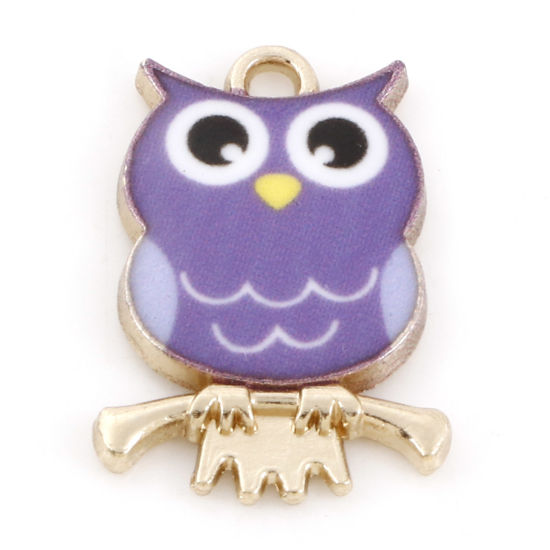 Picture of Zinc Based Alloy Halloween Charms Gold Plated Purple Owl Animal Enamel 21.5mm x 15mm, 10 PCs