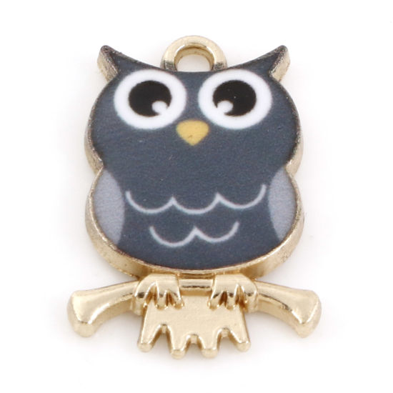 Picture of Zinc Based Alloy Halloween Charms Gold Plated Gray Owl Animal Enamel 21.5mm x 15mm, 10 PCs