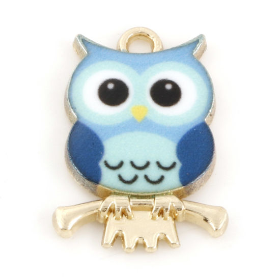 Picture of Zinc Based Alloy Halloween Charms Gold Plated Blue Owl Animal Enamel 21.5mm x 15mm, 10 PCs