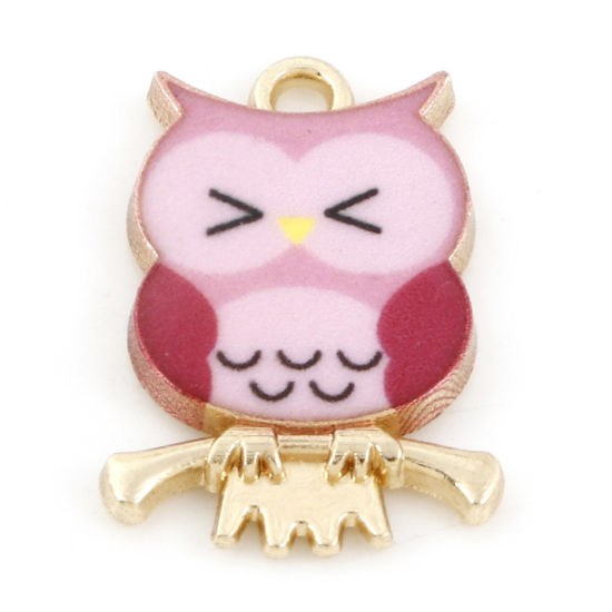 Picture of Zinc Based Alloy Halloween Charms Gold Plated Pink Owl Animal Enamel 21.5mm x 15mm, 10 PCs