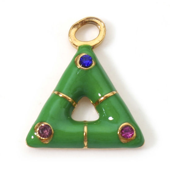 Изображение 1 ШТ Экологичное вакуумное PVD-покрытие 304 Нержавеющая Сталь Геометрический Подвески Треугольник Позолоченный Зеленый С Эмалью Разноцветный Горный Хрусталь 15мм x 13мм