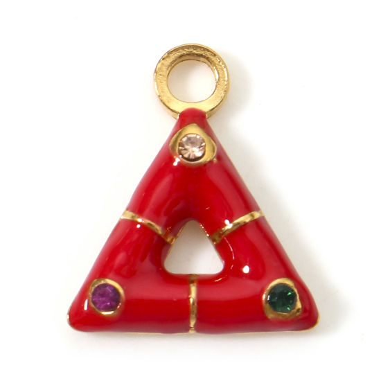 Изображение 1 ШТ Экологичное вакуумное PVD-покрытие 304 Нержавеющая Сталь Геометрический Подвески Треугольник Позолоченный Красный С Эмалью Разноцветный Горный Хрусталь 15мм x 13мм