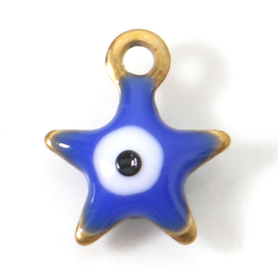Immagine di 10 Pz Placcatura Sottovuoto PVD Ecologica 304 Acciaio Inossidabile Religione Ciondoli Stella a Cinque Punte Oro Placcato Blu Scuro Malocchio Paillettes Smaltate su Entrambi i lati 10mm x 8.5mm